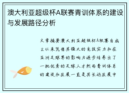 澳大利亚超级杯A联赛青训体系的建设与发展路径分析 澳大利亚超级杯A联赛青训体系的建设与发展路径分析
